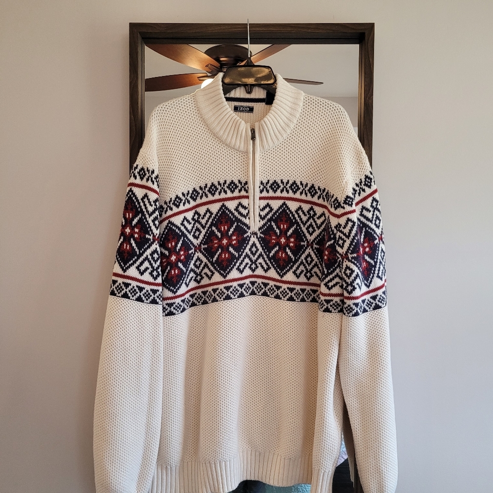 Izod chunky heavy knit fair isle cozy pullover sweater office business c…
